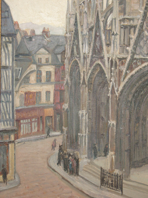 Portail de l'église Saint Maclou, Rouen oil on canvas signed by Albert Horel 1876-1964