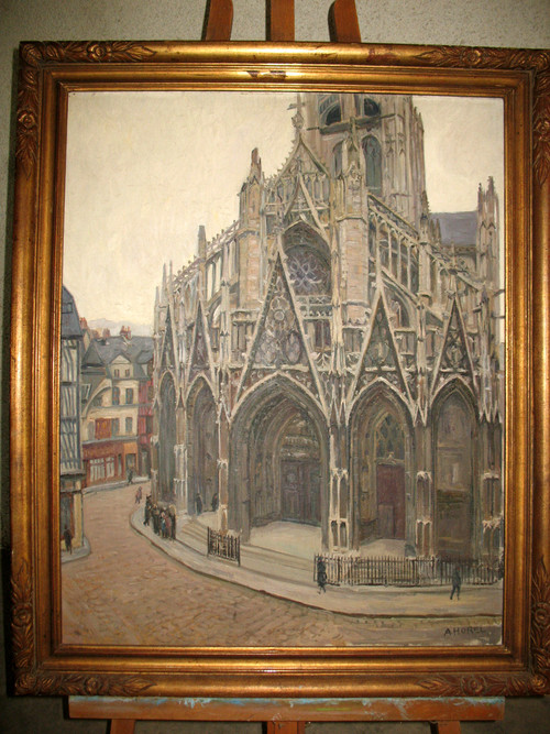 Portail de l'église Saint Maclou, Rouen oil on canvas signed by Albert Horel 1876-1964