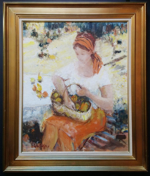 Alain ROUSSEAU (nato nel 1926), Olio originale su tela, firmato - Donna, frutta, giardino, Provenza