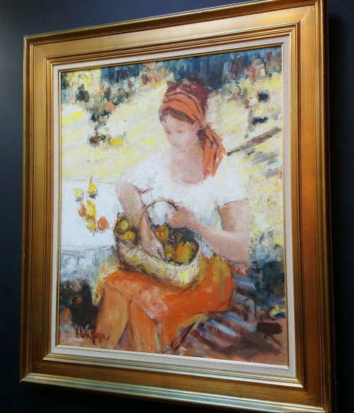 Alain ROUSSEAU (nato nel 1926), Olio originale su tela, firmato - Donna, frutta, giardino, Provenza