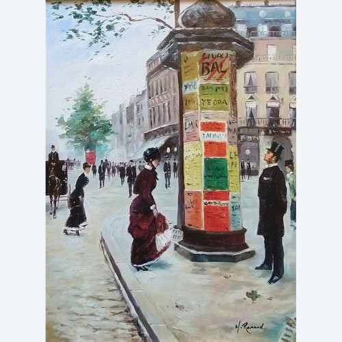 H. RENAUD (1921-1990) Signed French original oil/canvas - Painting, Paris, Boulevard, Figure