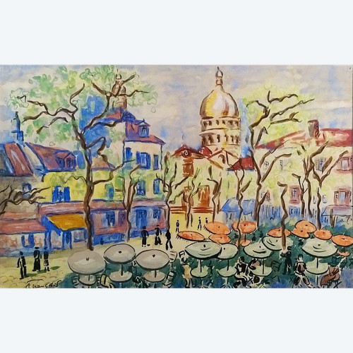 Anne FRANÇAIS (1909-1995), Technique Mixte originale, signée - Montmartre, Paris, Sacré-Coeur