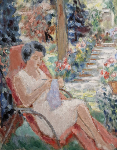 Paul LOISEAU (1893-1970s), Huile/toile d'origine, signée - Femme, Jardin, Maison, Fleur, été