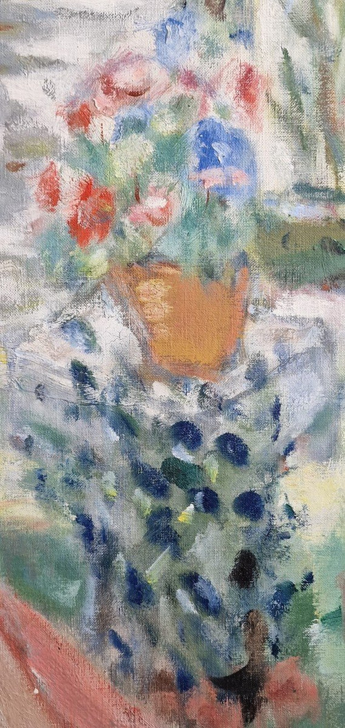 Paul LOISEAU (1893-1970s), Huile/toile d'origine, signée - Femme, Jardin, Maison, Fleur, été