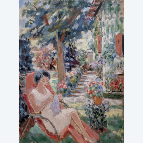 Paul LOISEAU (1893-1970s), Huile/toile d'origine, signée - Femme, Jardin, Maison, Fleur, été