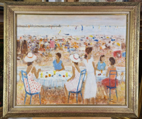 Alain ROUSSEAU (nato nel 1926) Olio originale su tela firmato - Mare, Spiaggia, Costa Azzurra, Barca