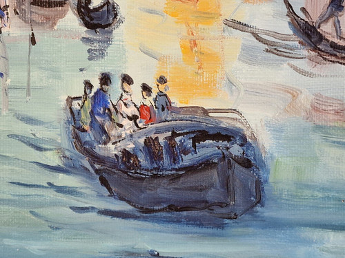 Catherine GARROS (nata nel 1954) Olio originale su tela, firmato - Venezia, Italia, Mare, Gondola