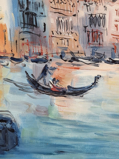 Catherine GARROS (nata nel 1954) Olio originale su tela, firmato - Venezia, Italia, Mare, Gondola