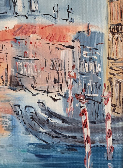 Catherine GARROS (nata nel 1954) Olio originale su tela, firmato - Venezia, Italia, Mare, Gondola