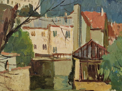 Maurice LEMAITRE (1929-2018) Huile/toile d'origine, signée - Paysage, Bateau, Rivière, Melun