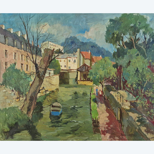 Maurice LEMAITRE (1929-2018) Huile/toile d'origine, signée - Paysage, Bateau, Rivière, Melun