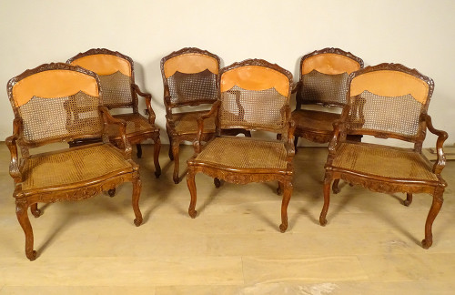 6 Regency Carved Beech Cane Armchairs Flower shells 18th century