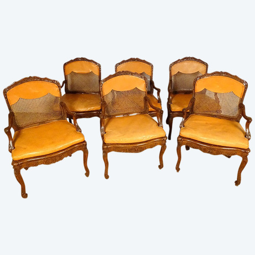 6 Regency Carved Beech Cane Armchairs Flower shells 18th century