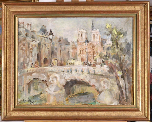 Elisabeth ANSELME (1923-2010) Signed French orig oil/canvas - Paris, Notre-Dame, Saint-Michel,Bridge