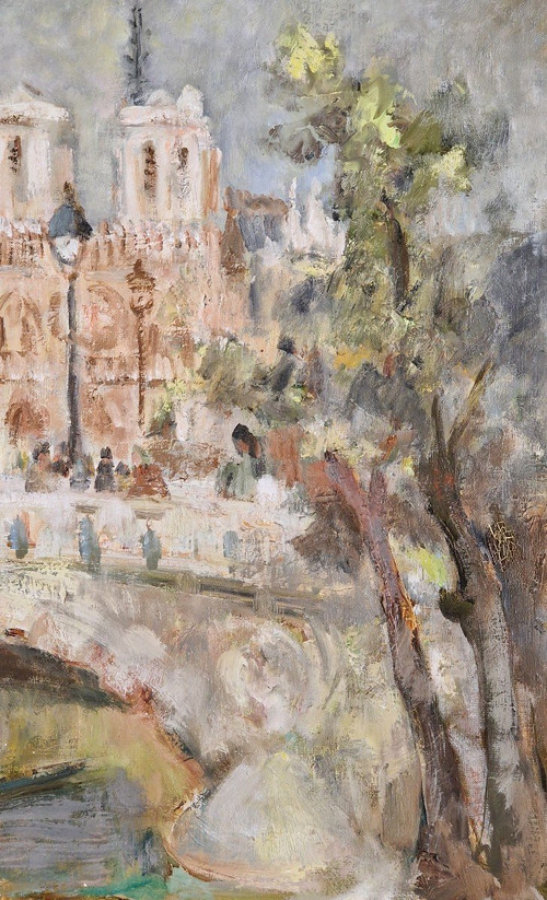 Elisabeth ANSELME (1923-2010) Signed French orig oil/canvas - Paris, Notre-Dame, Saint-Michel,Bridge