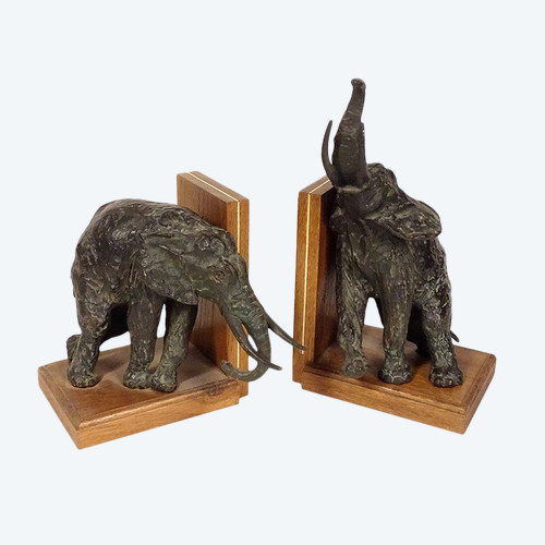 Paire Serre-livres Sculptures éléphants Ary Bitter Bronze Art Déco XXème