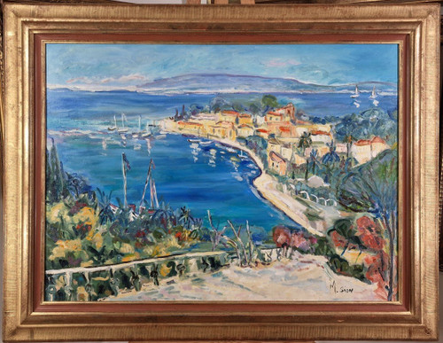 Marie SION (geboren 1956) Original Öl/Leinwand, signiert – Meer, Saint Tropez, Strand, Boot, Süden