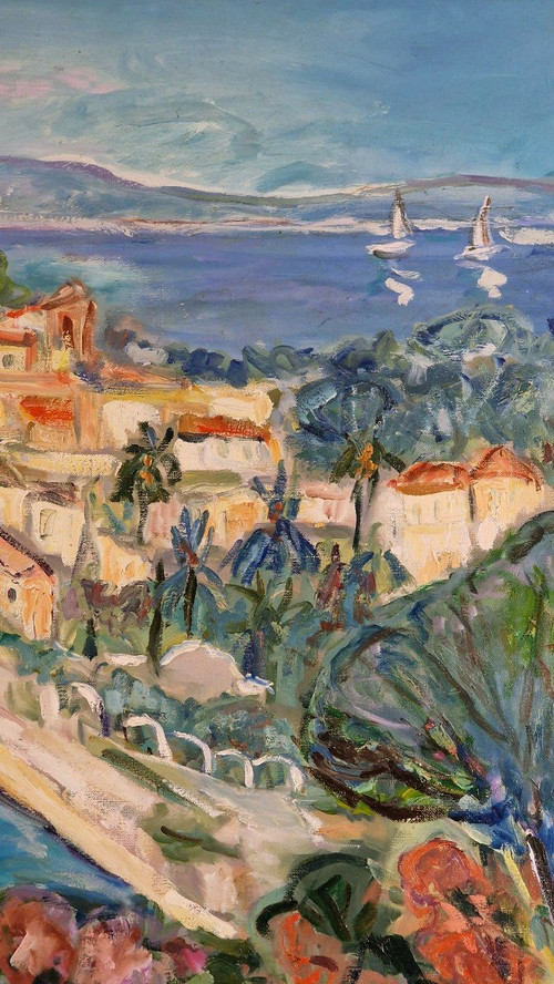 Marie SION (geboren 1956) Original Öl/Leinwand, signiert – Meer, Saint Tropez, Strand, Boot, Süden