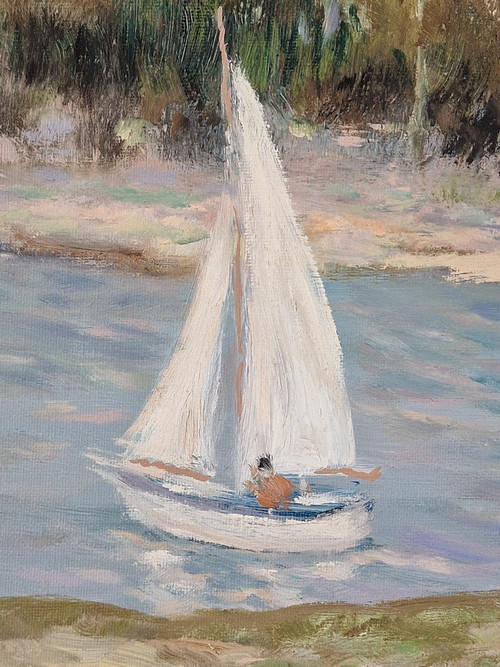 Pierre Eugène DUTEURTRE (1911-1989) Original Öl/Leinwand, signiert – Loire, Charakter, Boot, Segeln