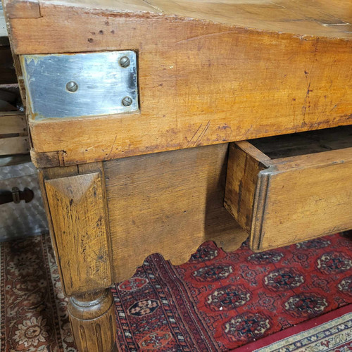 Butcher's block in beech with wooden top opens with a large drawer early 20th century