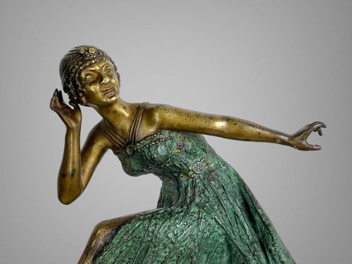 ART DECO BRONZE WITH POLYCHROME PATINA /DANCER / SIGNED "BOUSQUET" ON THE BASE