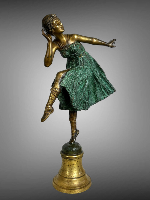 ART DECO BRONZE WITH POLYCHROME PATINA /DANCER / SIGNED "BOUSQUET" ON THE BASE