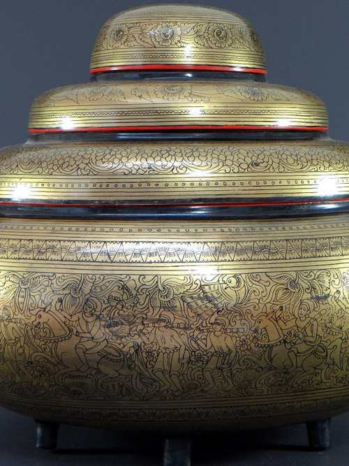 Burma, Mid-20th Century, Four-Level Gold-Red-Black Lacquer Offering Box.