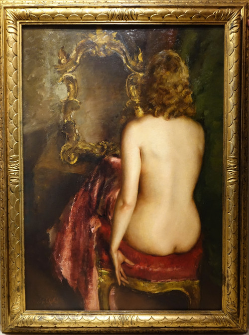 Large oil on panel, female nude from behind, G.P. RESTELLINI, 1931