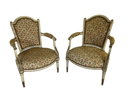 Pair of Louis XVI Period Armchairs in Cream Lacquered Natural Wood