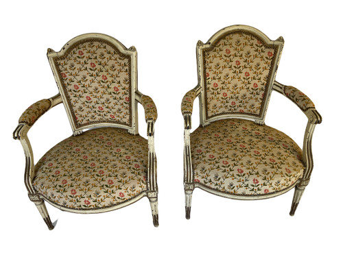 Pair of Louis XVI Period Armchairs in Cream Lacquered Natural Wood