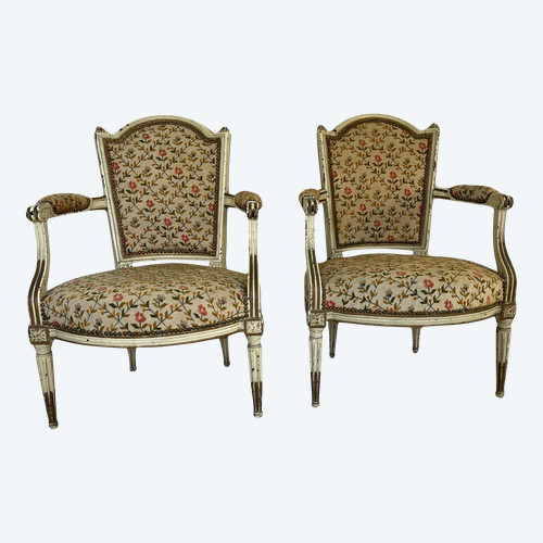 Pair of Louis XVI Period Armchairs in Cream Lacquered Natural Wood