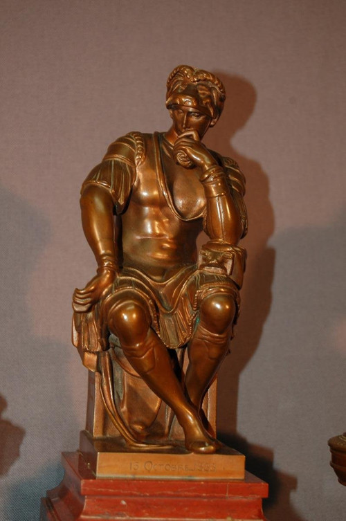 Wichtiges Tintenfass, Nach Michelangelo Lorenzo De Medici, Aus Bronze Und Rotem Marmor