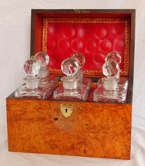 Restoration Empire liqueur cellar in burrwood and Le Creusot crystal, red morocco interior