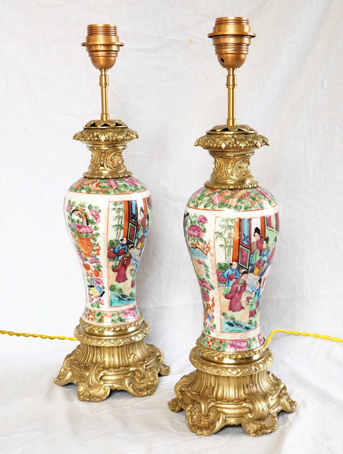 Pair of large lamps in Canton porcelain and gilt bronze