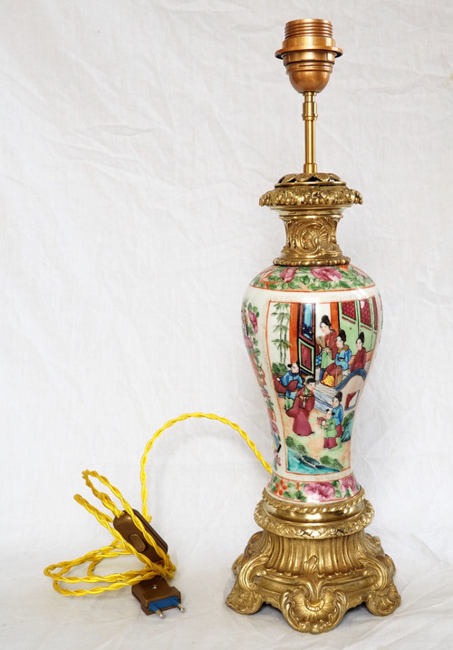 Pair of large lamps in Canton porcelain and gilt bronze