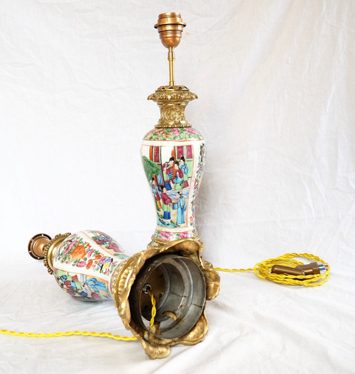 Pair of large lamps in Canton porcelain and gilt bronze