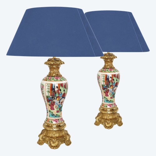 Pair of large lamps in Canton porcelain and gilt bronze