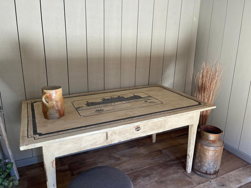 Patinated table with castle motif and hunting scene from the 18th century