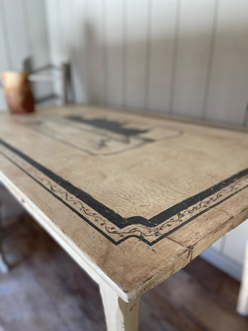 Patinated table with castle motif and hunting scene from the 18th century