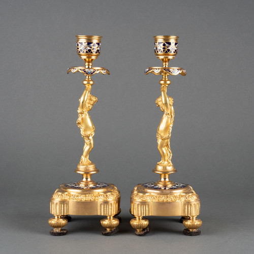 Pair of Enameled Gilded Bronze Candlesticks, 19th Century