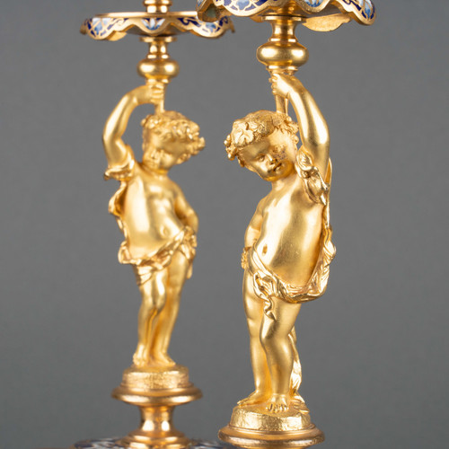 Pair of Enameled Gilded Bronze Candlesticks, 19th Century