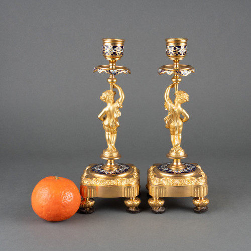 Pair of Enameled Gilded Bronze Candlesticks, 19th Century