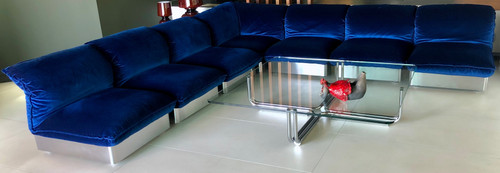 7-seater modular sofa in stainless steel and royal blue velvet, France 70s