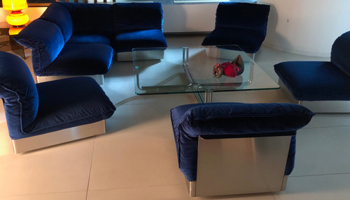 7-seater modular sofa in stainless steel and royal blue velvet, France 70s