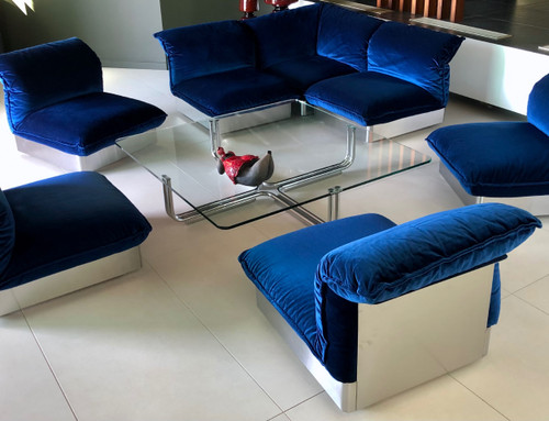 7-seater modular sofa in stainless steel and royal blue velvet, France 70s