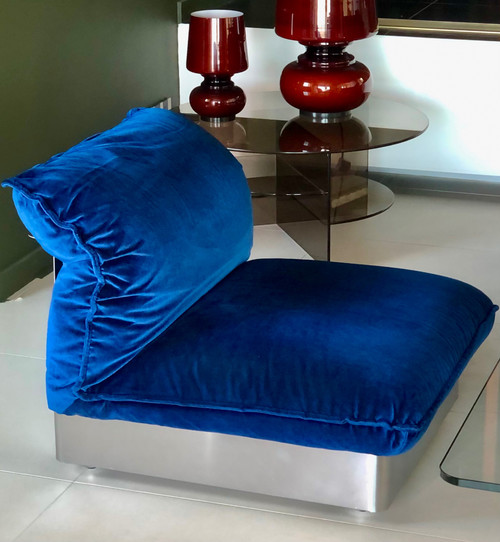 7-seater modular sofa in stainless steel and royal blue velvet, France 70s