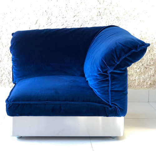 7-seater modular sofa in stainless steel and royal blue velvet, France 70s