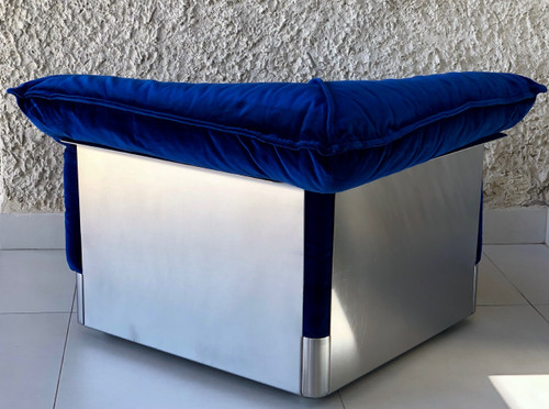 7-seater modular sofa in stainless steel and royal blue velvet, France 70s