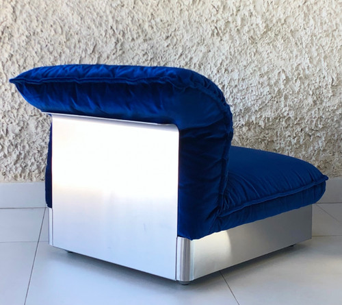 7-seater modular sofa in stainless steel and royal blue velvet, France 70s