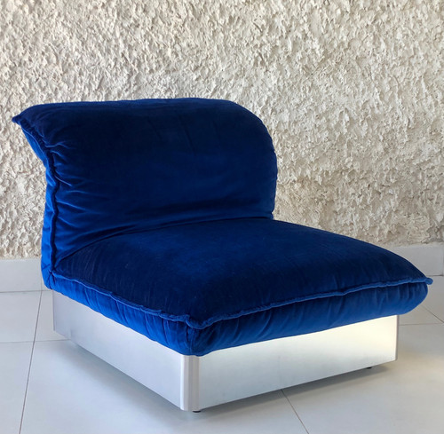 7-seater modular sofa in stainless steel and royal blue velvet, France 70s